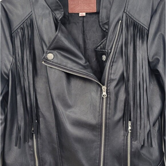 Miss London Womens Black Vegan Leather Jacket Size L Fringe Motorcycle Biker - Picture 7 of 10